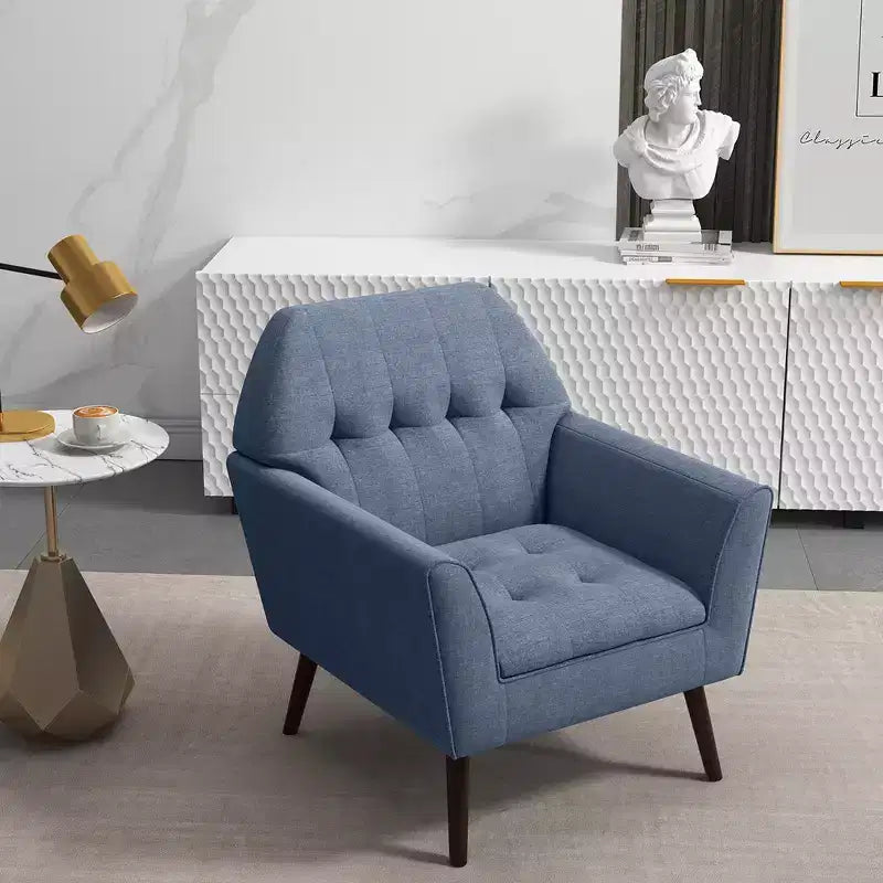 Fauteuil d'appoint capitonné moderne en tissu, fauteuil rembourré avec pieds en bois d d'hévéa bleu/gris