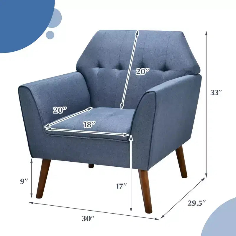 Fauteuil d'appoint capitonné moderne en tissu, fauteuil rembourré avec pieds en bois d d'hévéa bleu/gris