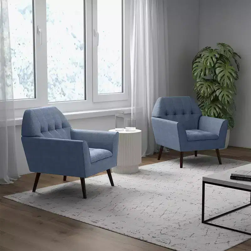 Fauteuil d'appoint capitonné moderne en tissu, fauteuil rembourré avec pieds en bois d d'hévéa bleu/gris