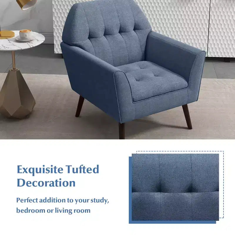 Fauteuil d'appoint capitonné moderne en tissu, fauteuil rembourré avec pieds en bois d d'hévéa bleu/gris