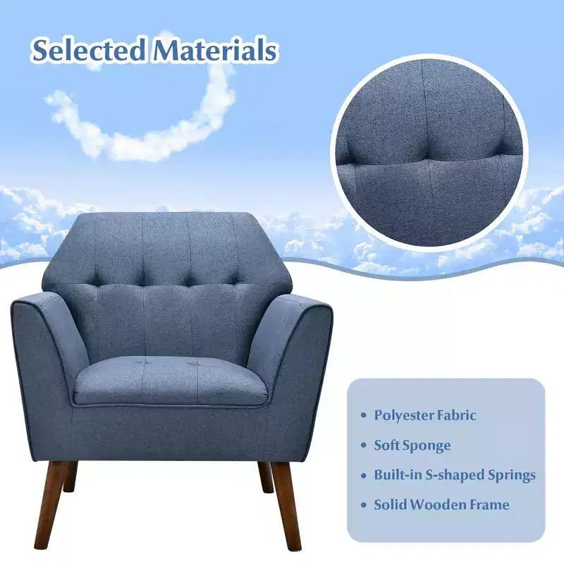Fauteuil d'appoint capitonné moderne en tissu, fauteuil rembourré avec pieds en bois d d'hévéa bleu/gris