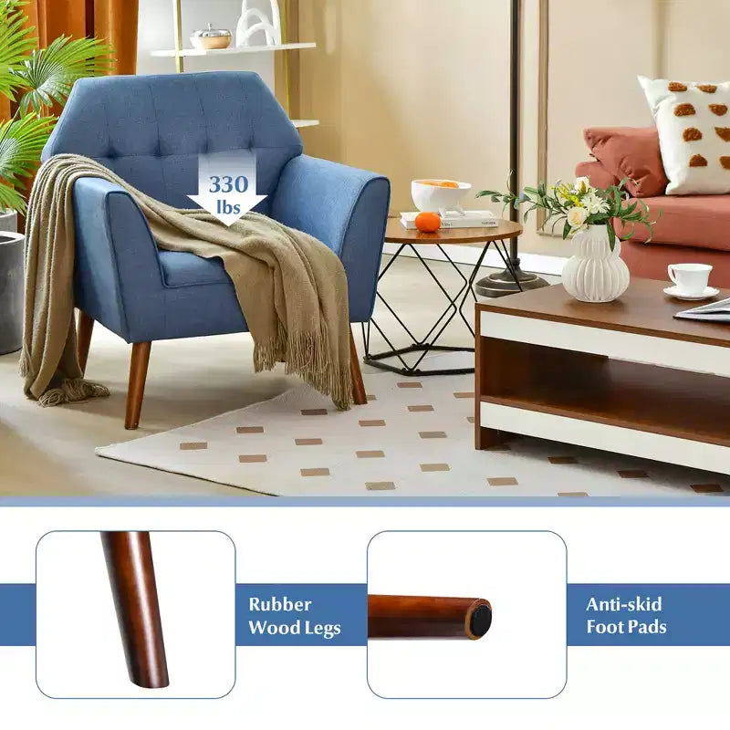 Fauteuil d'appoint capitonné moderne en tissu, fauteuil rembourré avec pieds en bois d d'hévéa bleu/gris
