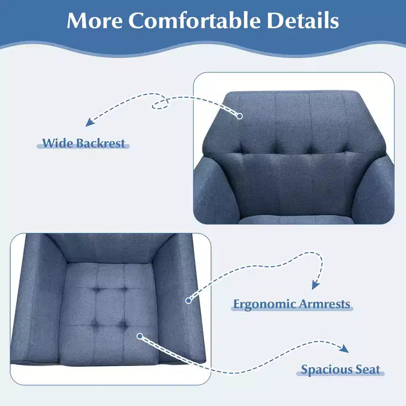 Fauteuil d'appoint capitonné moderne en tissu, fauteuil rembourré avec pieds en bois d d'hévéa bleu/gris