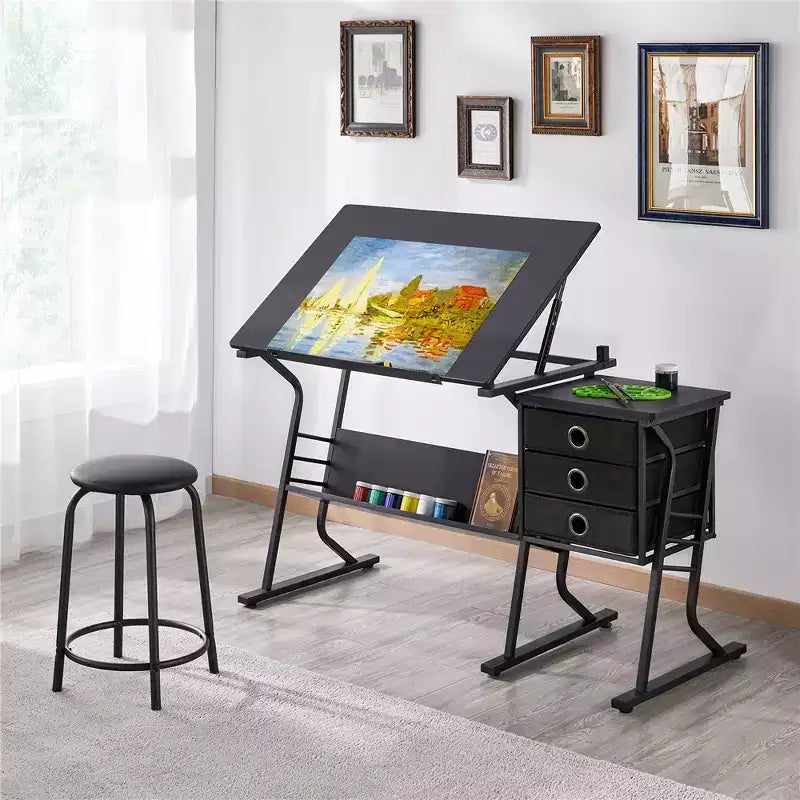 Table et tabouret de dessin réglables noirs