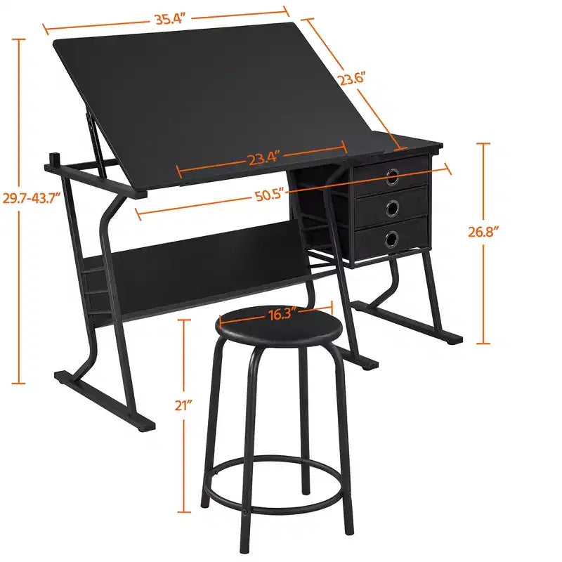 Table et tabouret de dessin réglables noirs