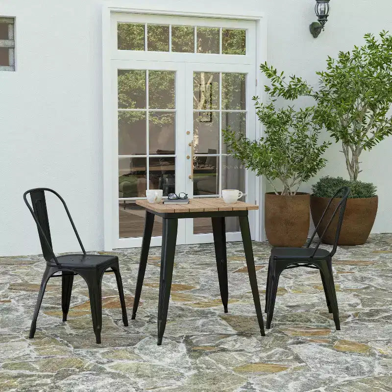 Table à manger intérieure/extérieure, plateau carré en polyrésine tout temps de 23,75 po avec base en acier
