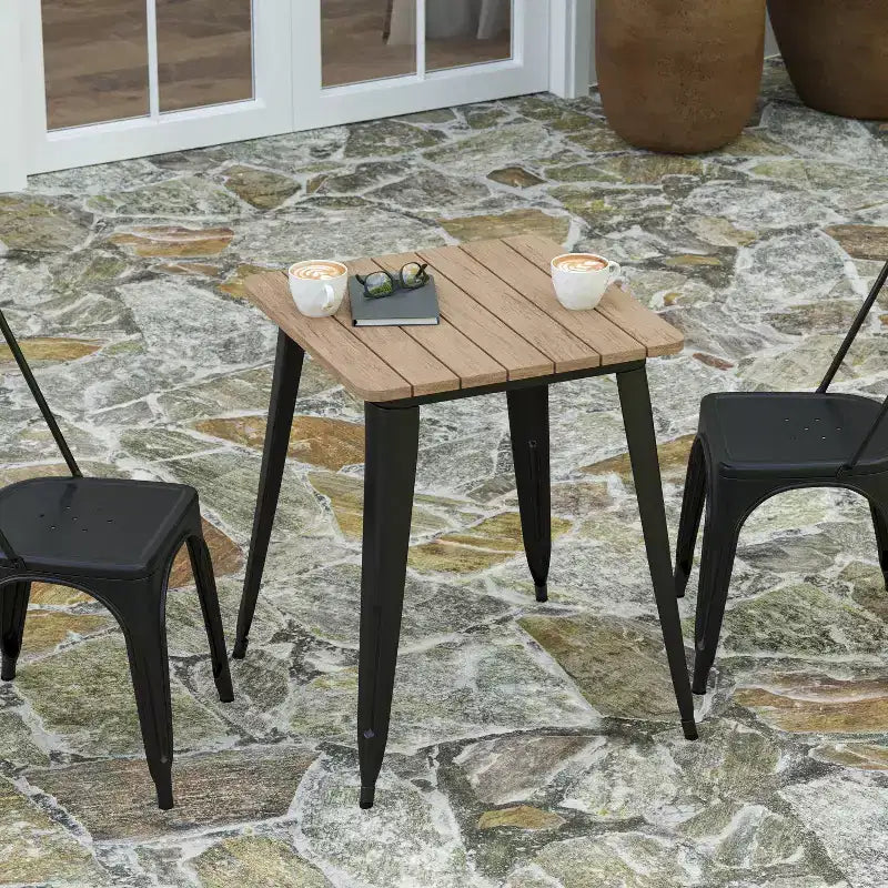 Table à manger intérieure/extérieure, plateau carré en polyrésine tout temps de 23,75 po avec base en acier