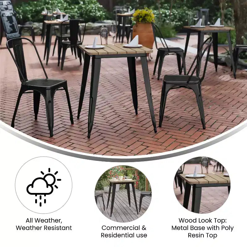 Table à manger intérieure/extérieure, plateau carré en polyrésine tout temps de 23,75 po avec base en acier