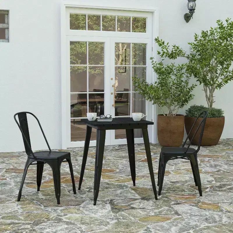 Table à manger intérieure/extérieure, plateau carré en polyrésine tout temps de 23,75 po avec base en acier