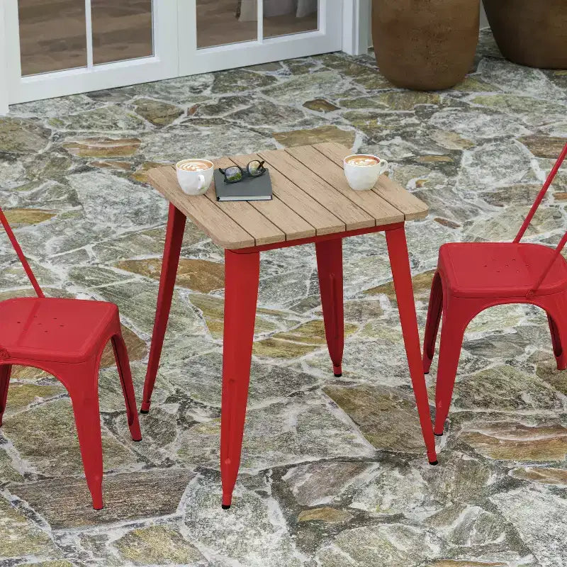 Table à manger intérieure/extérieure, plateau carré en polyrésine tout temps de 23,75 po avec base en acier