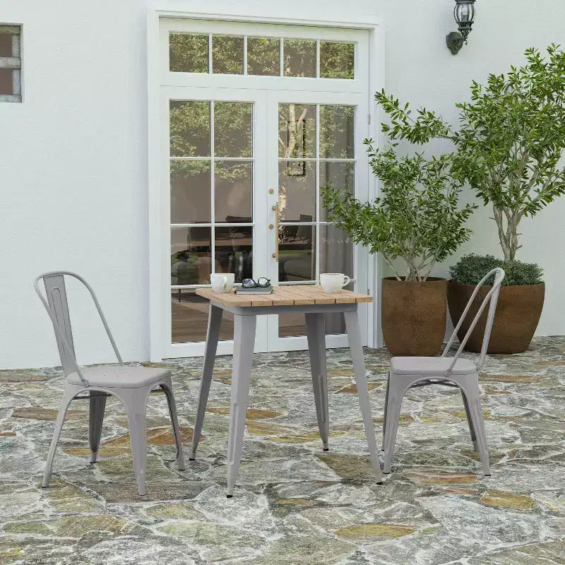 Table à manger intérieure/extérieure, plateau carré en polyrésine tout temps de 23,75 po avec base en acier