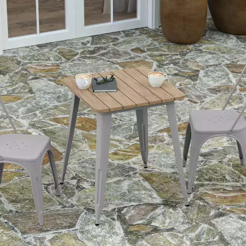 Table à manger intérieure/extérieure, plateau carré en polyrésine tout temps de 23,75 po avec base en acier