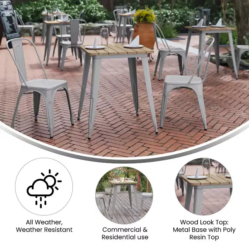 Table à manger intérieure/extérieure, plateau carré en polyrésine tout temps de 23,75 po avec base en acier