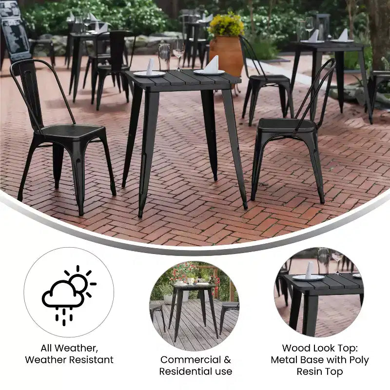 Table à manger intérieure/extérieure, plateau carré en polyrésine tout temps de 23,75 po avec base en acier