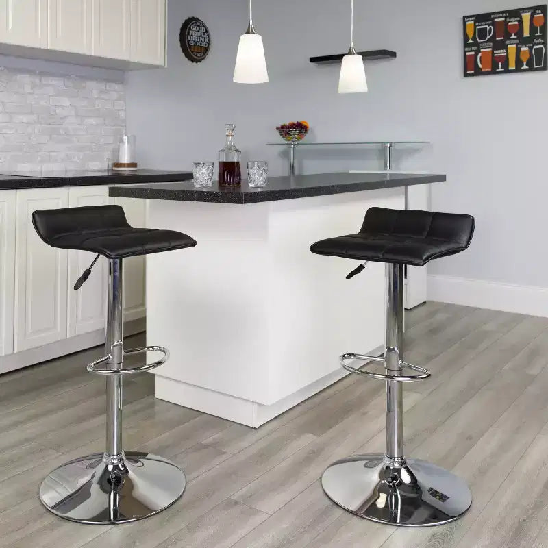 Lot de 2 tabourets de bar contemporains réglables en hauteur, en vinyle, avec assise matelassée ondulée et base chromée