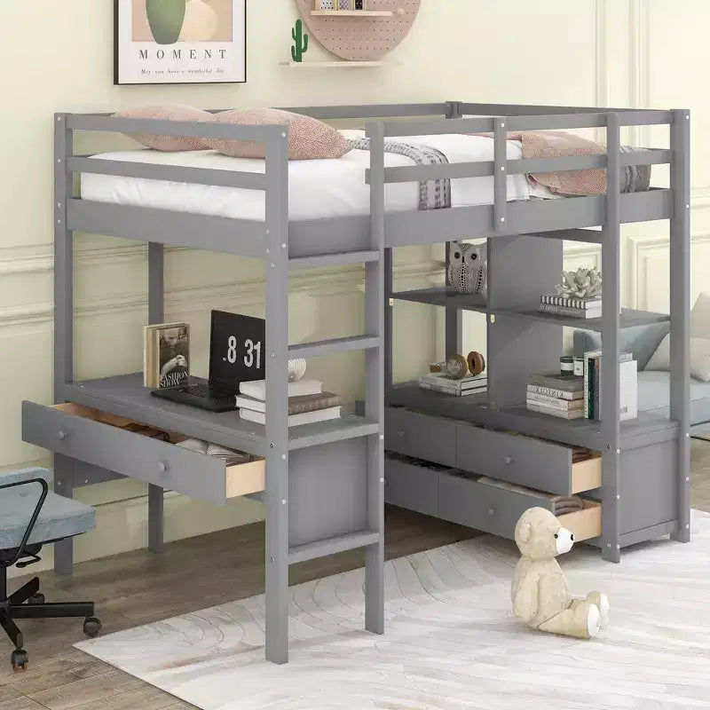 Loft Bed with Built-In Desk, Storage Shelves and Drawers RE- ModernLuxe