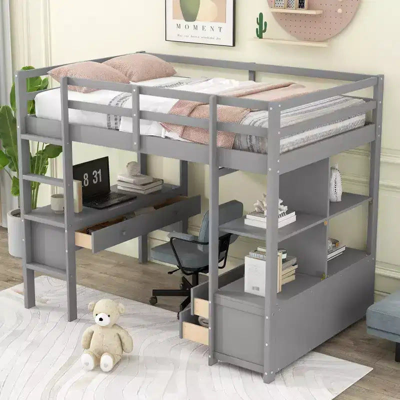 Lit mezzanine avec bureau intégré, étagères de rangement et tiroirs RE