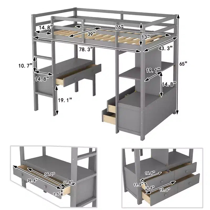 Lit mezzanine avec bureau intégré, étagères de rangement et tiroirs RE