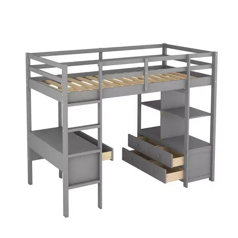 Lit mezzanine avec bureau intégré, étagères de rangement et tiroirs RE