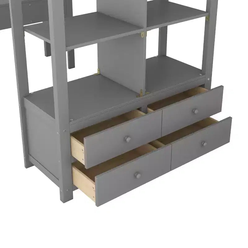 Lit mezzanine avec bureau intégré, étagères de rangement et tiroirs RE