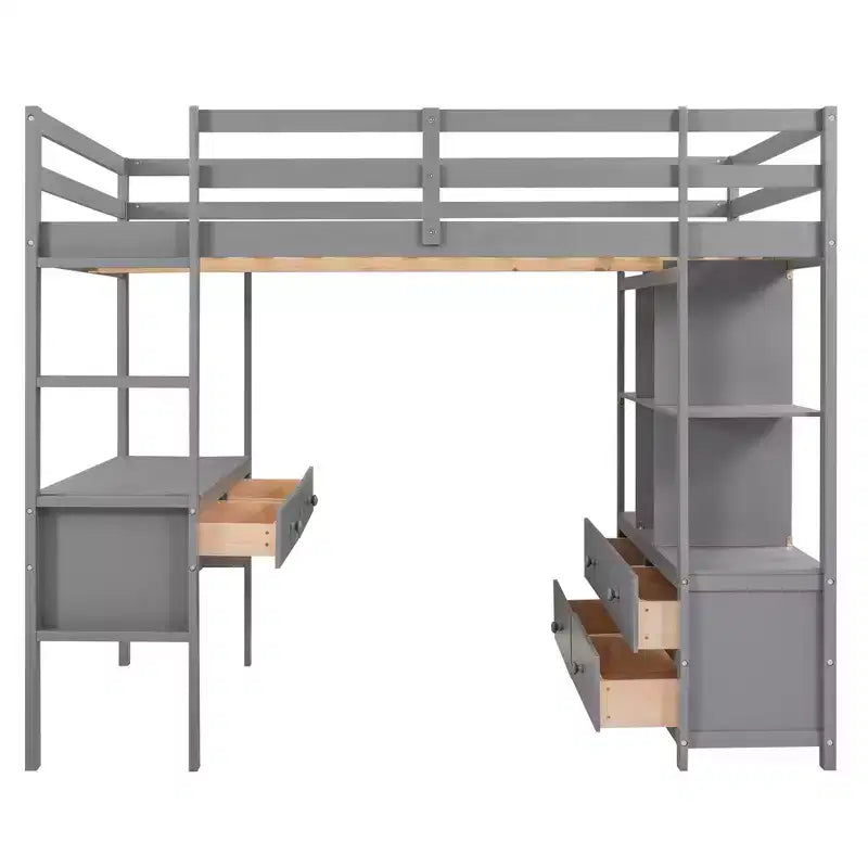 Lit mezzanine avec bureau intégré, étagères de rangement et tiroirs RE