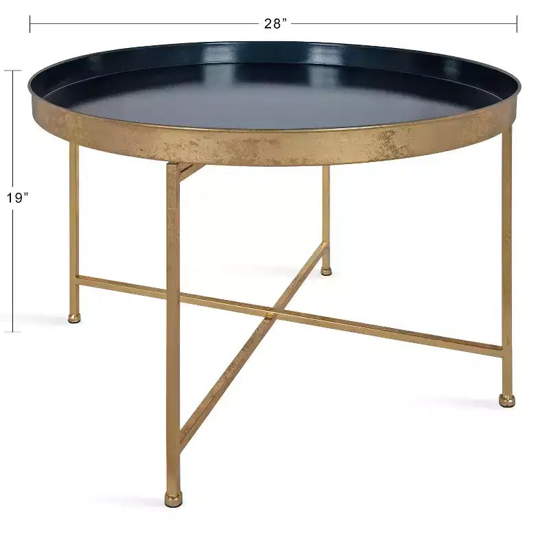 Table basse ronde en métal, 28.25x28.25x19, bleu marine et or