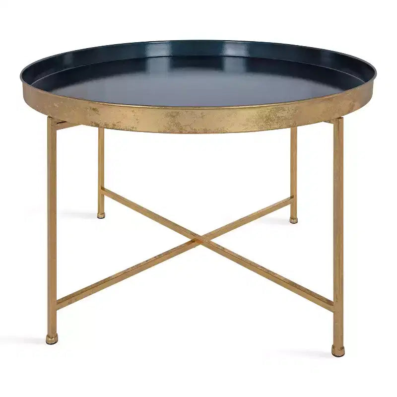 Table basse ronde en métal, 28.25x28.25x19, bleu marine et or