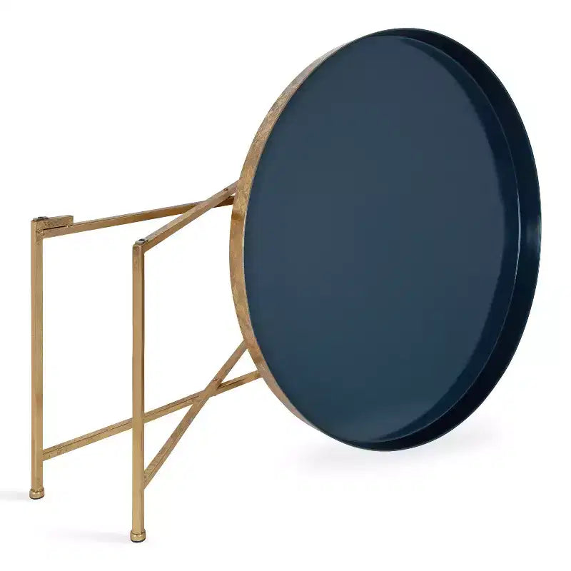 Table basse ronde en métal, 28.25x28.25x19, bleu marine et or