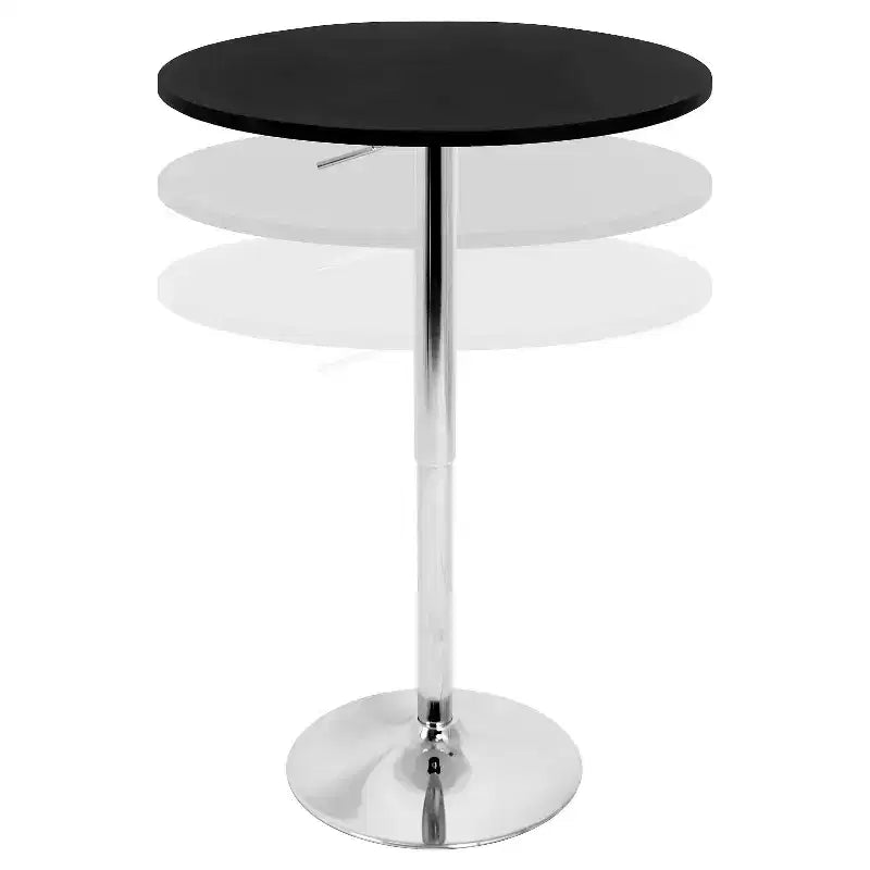 Table de bar contemporaine à hauteur réglable, plateau en bois et piètement chromé