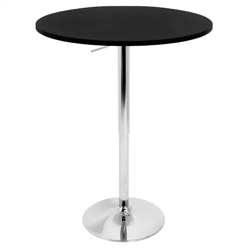 Table de bar contemporaine à hauteur réglable, plateau en bois et piètement chromé