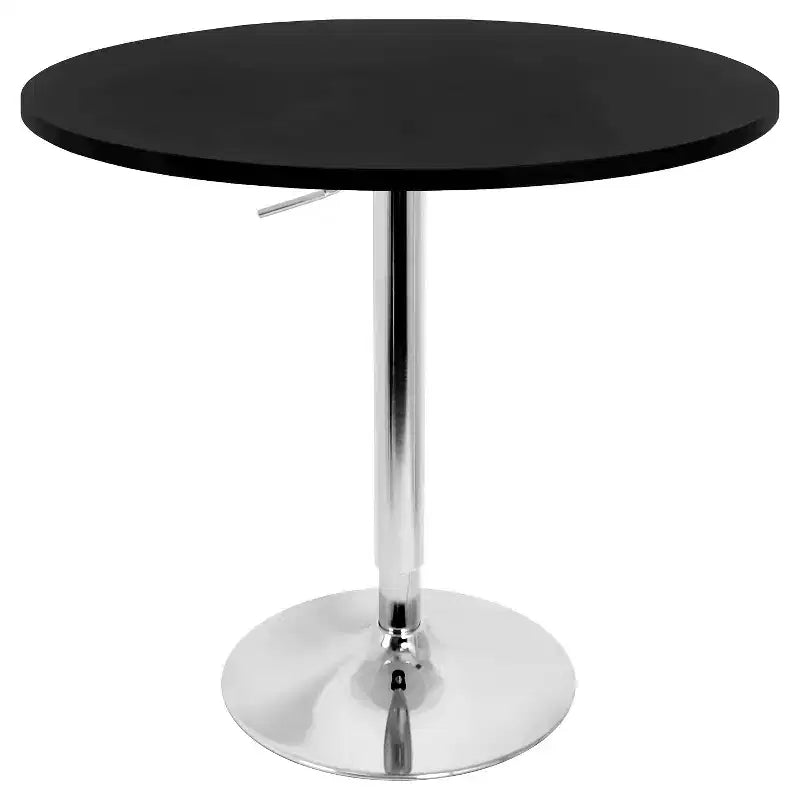 Table de bar contemporaine à hauteur réglable, plateau en bois et piètement chromé