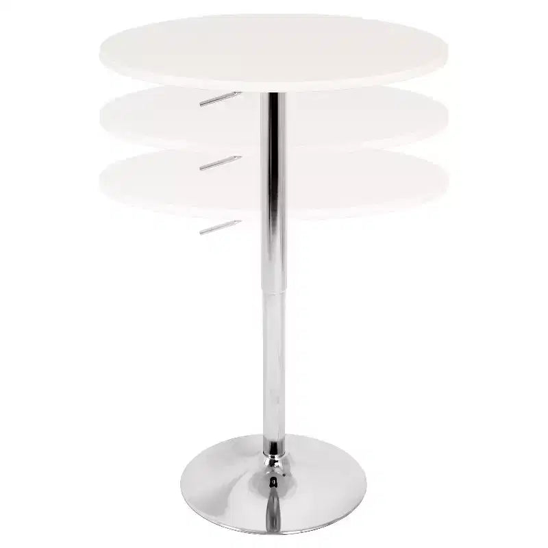 Table de bar contemporaine à hauteur réglable, plateau en bois et piètement chromé