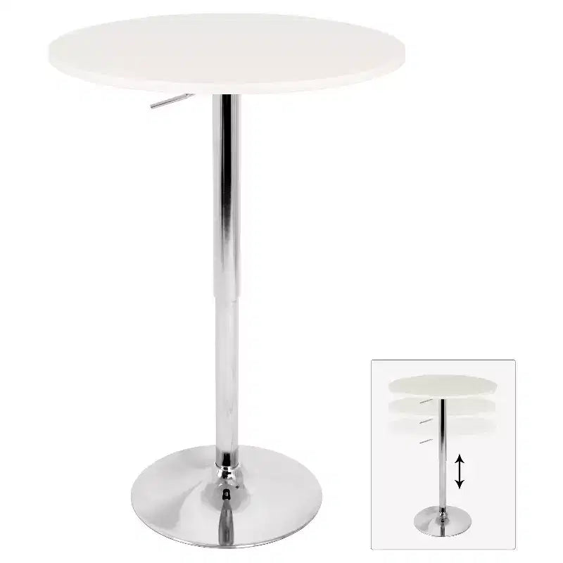 Table de bar contemporaine à hauteur réglable, plateau en bois et piètement chromé
