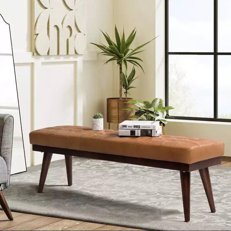Banc de chambre en cuir véritable style moderne du milieu du siècle