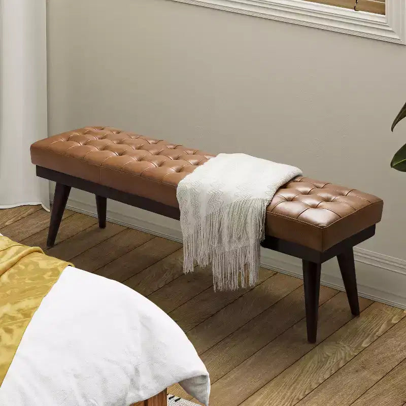 Banc de chambre en cuir véritable style moderne du milieu du siècle