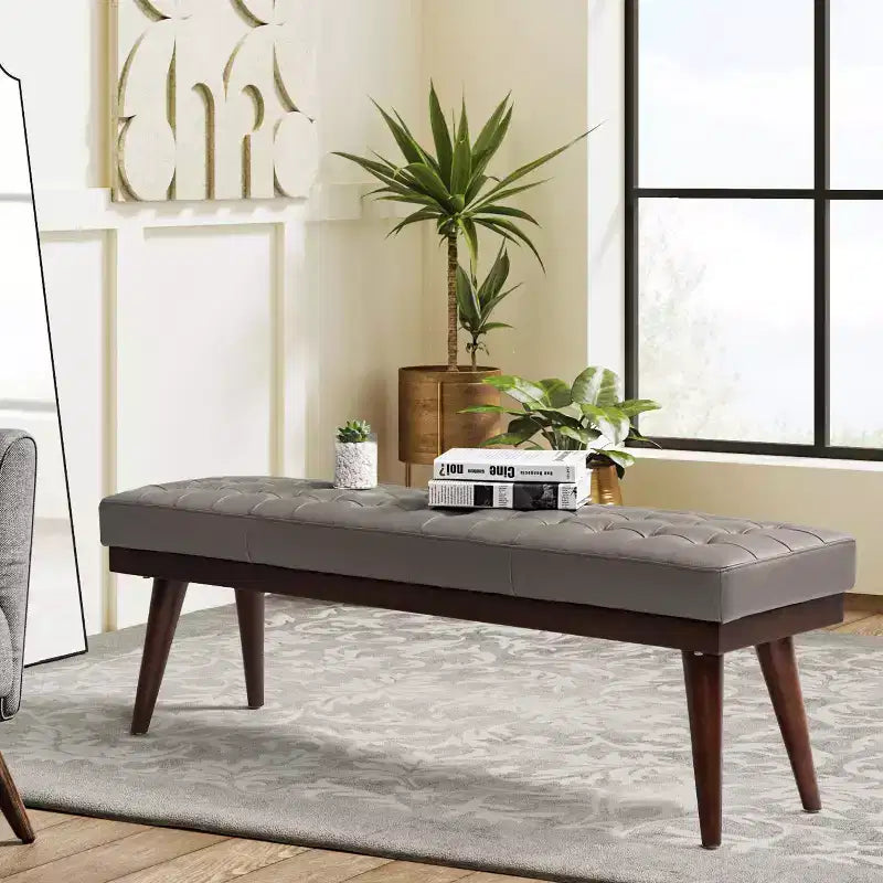 Banc de chambre en cuir véritable style moderne du milieu du siècle