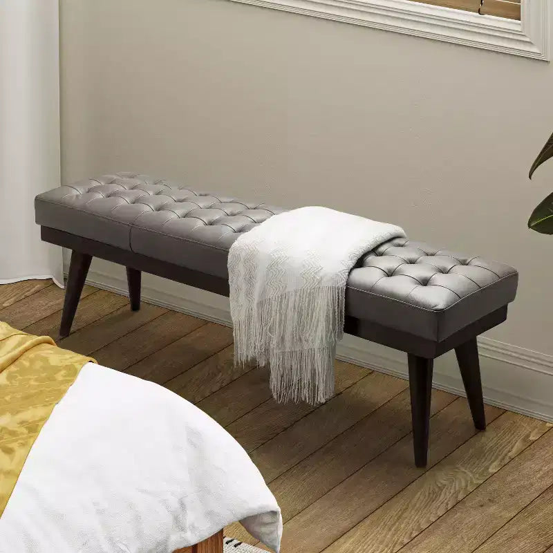 Banc de chambre en cuir véritable style moderne du milieu du siècle