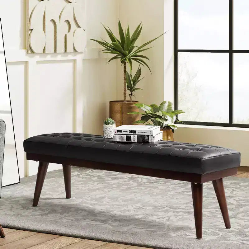 Banc de chambre en cuir véritable style moderne du milieu du siècle