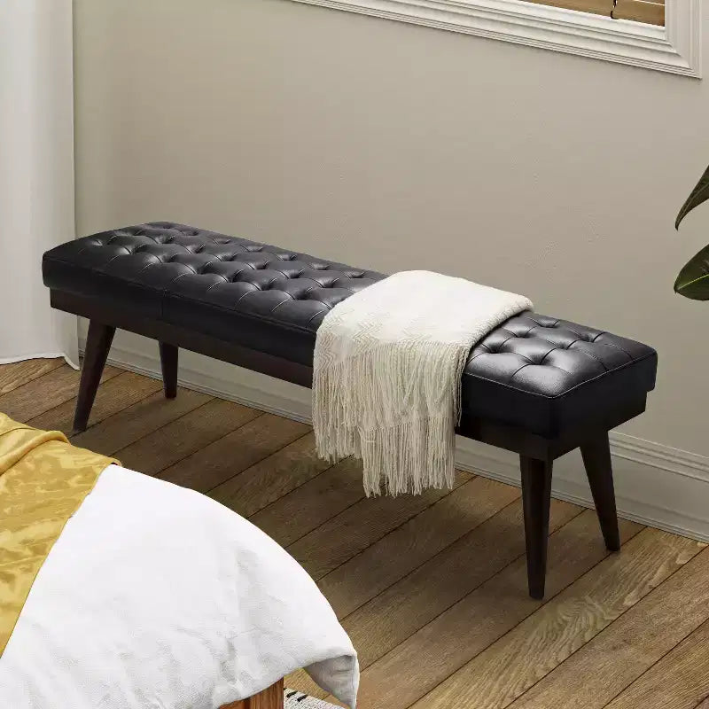 Banc de chambre en cuir véritable style moderne du milieu du siècle